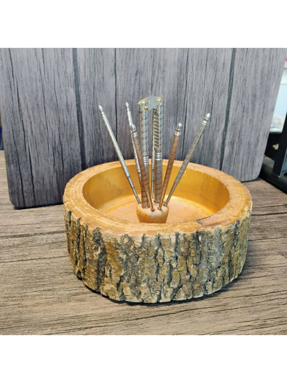 Vintage 1950s Tree Bark Nut Bowl w Silver Nutcracker & 6 Picks, Rustic Wooden
